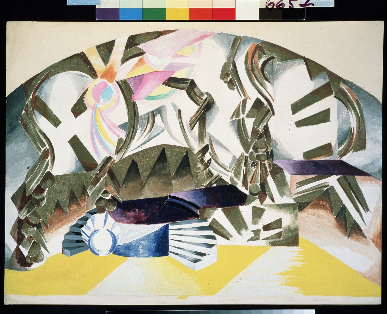 Decor preparatoire pour la peça Romeo et Juliette de William Shakespeare (1564-1616) (Desenho de palco para a peça Romeu e Julieta de W.Shakespeare). Descrição abstracto, avec des escaliers. Oeuvre de Alexandra Alexandrovna Exter (1882-1949), gouache sur de Alexandra Alexandrowna Exter