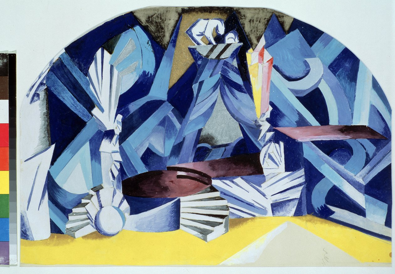 La chambre de Juliette. Projet de decor para a peça Romeu e Julieta de William Shakespeare (1564-1616) (Design de figurino para a peça de teatro Romeu e Julieta de W.Shakespeare). Oeuvre de Alexandra Alexandrovna Exter (1882-1949), gouache sur carton de Alexandra Alexandrowna Exter