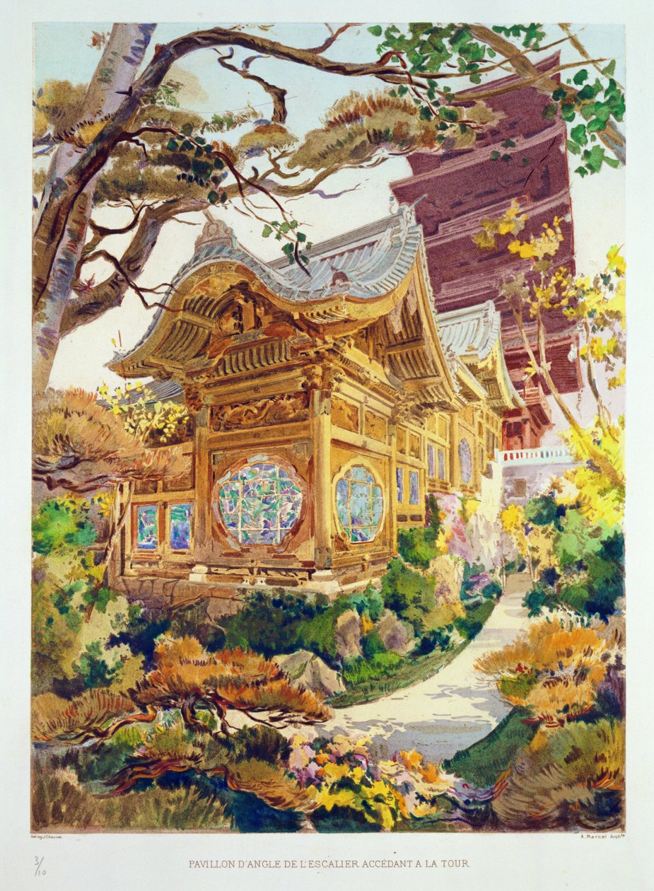 Torre japonesa e pagode chinês no Royal Park em Laeken, Bélgica, de &39;Orientalisme et Architecture Contemporaine&39;, gravada por Jules Adolphe Chauvet (n.1828) (ver também 171915, 1 de Alexandre Auguste Louis Marcel