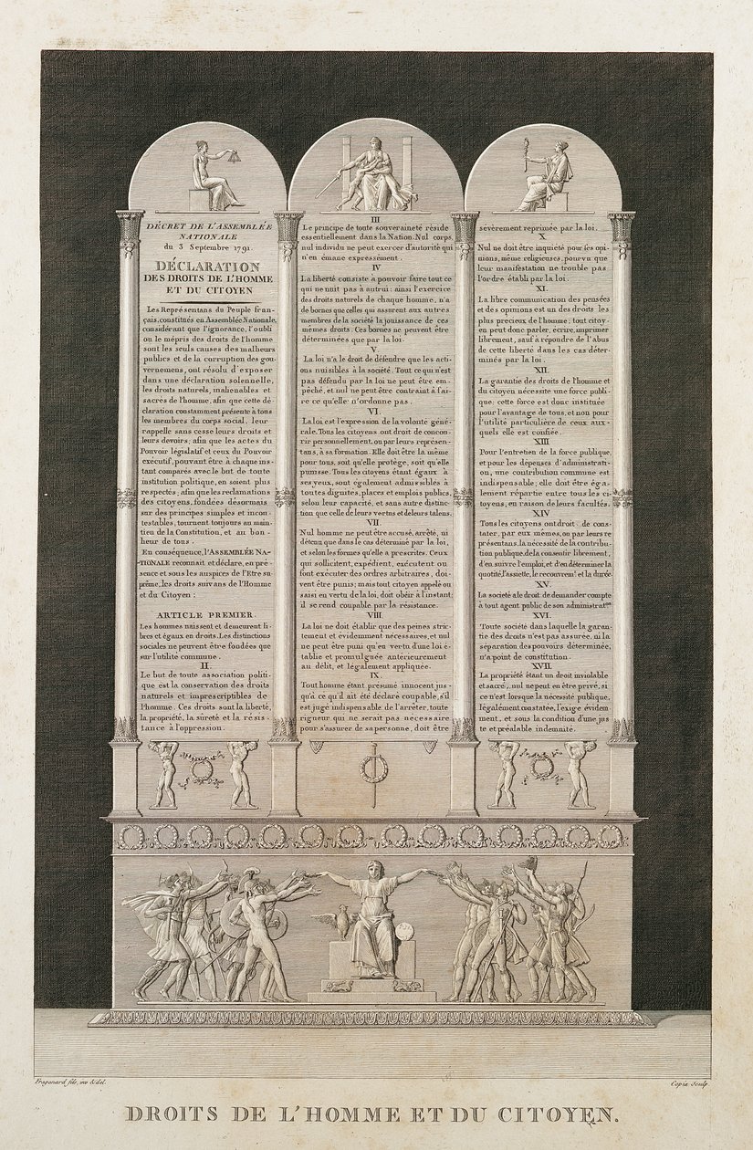 Declaração francesa dos direitos do homem e do cidadão, gravada por Jacques Louis Copia de Alexandre Evariste Fragonard