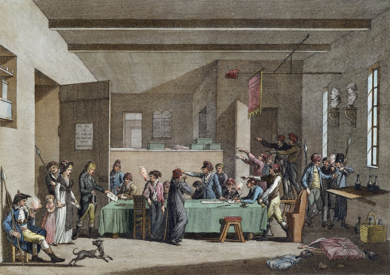 Interior de um Comitê Revolucionário em 1792-93 (gravura a cores) de Alexandre Evariste Fragonard