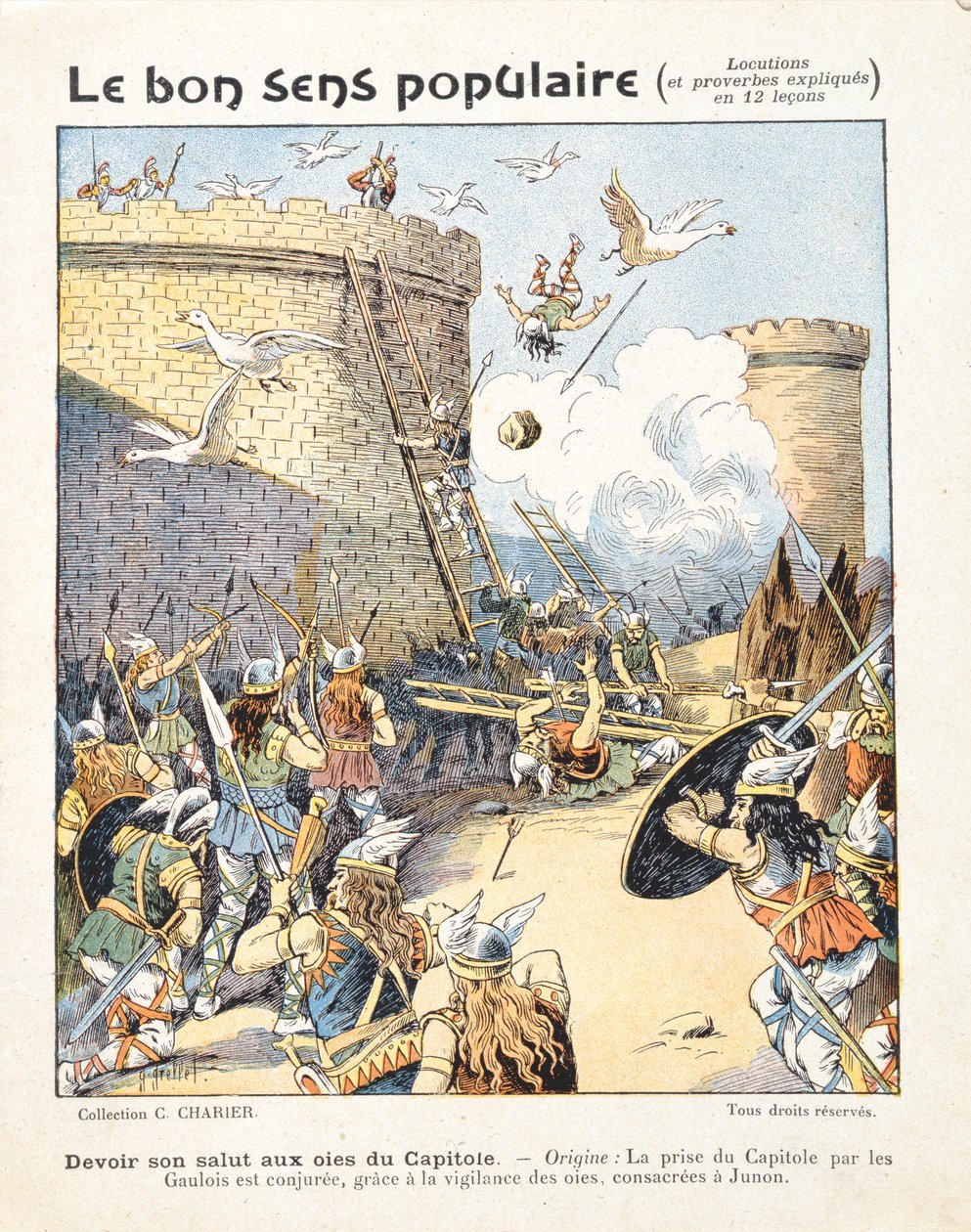Gansos salvam o Capitólio dos invasores gauleses, de &39;Le Bon Sens Populaire&39;, c.1900 de Alexandre Grellet