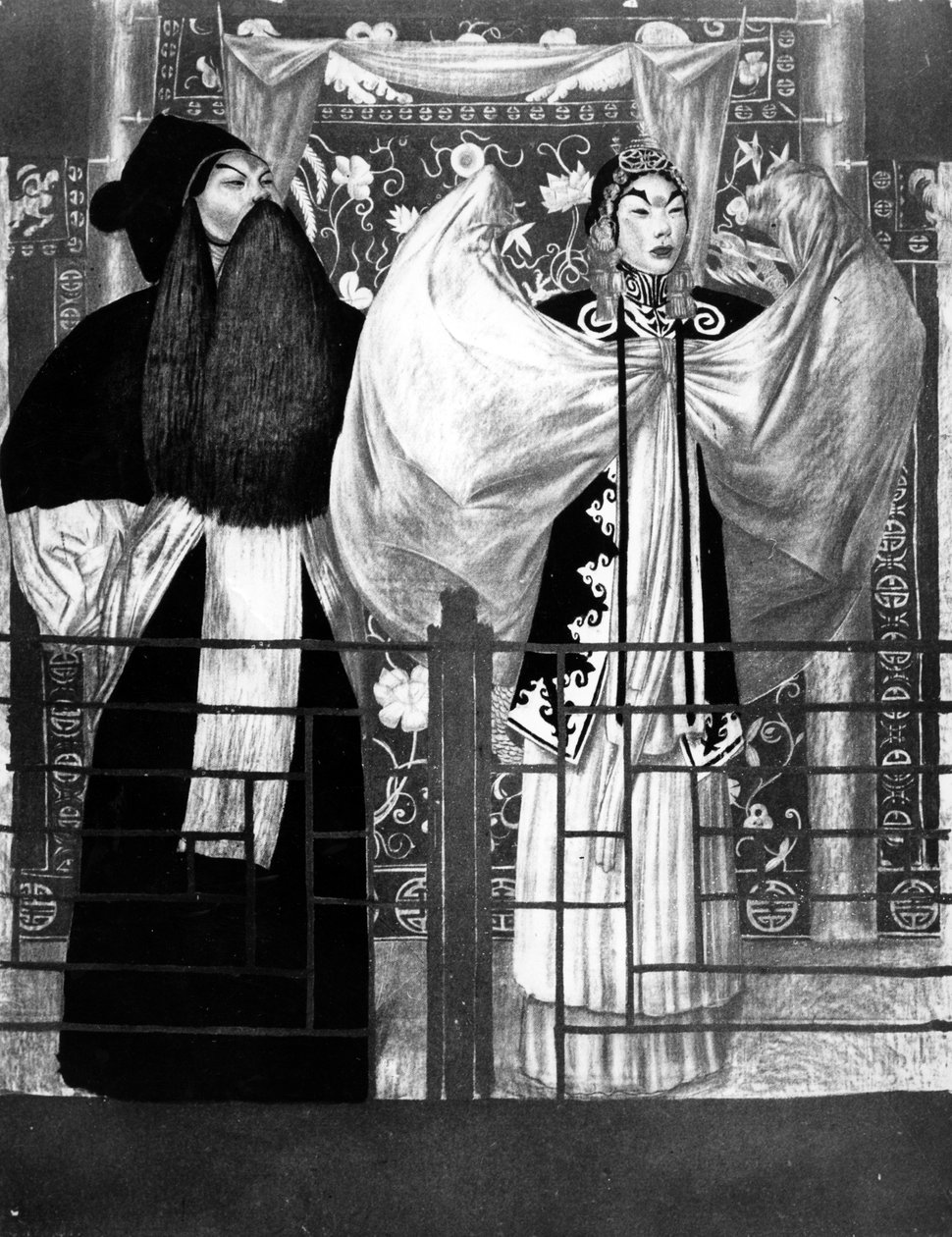 Cena da peça Nan tien men, ilustração de Le Théatre Chinois por Tchou-Kia-Kien, publicado em Paris 1922 litho de Alexandre Jacovleff
