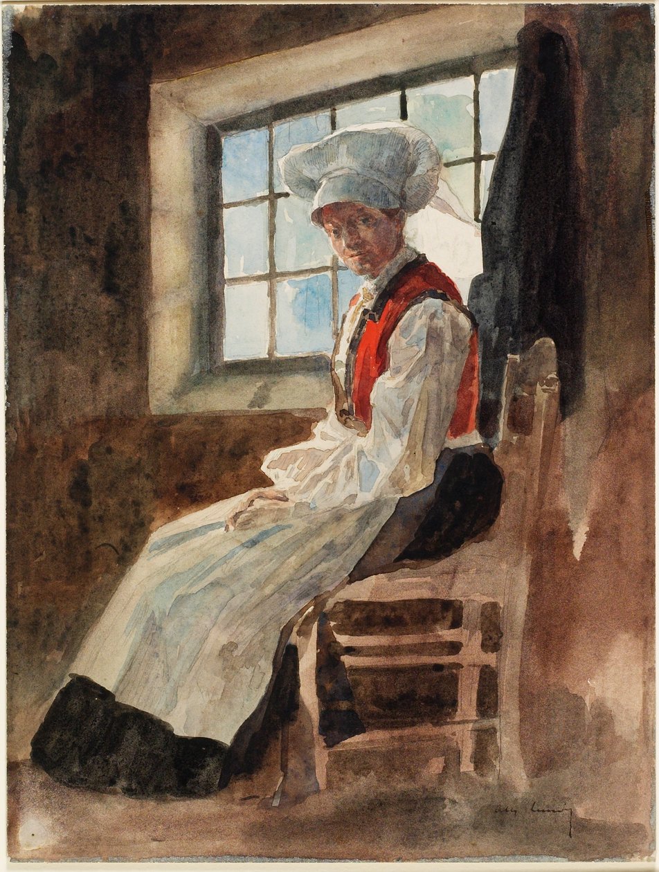 Camponesa Escandinava em um Interior, c.1906 (wc com grafite no cartão) de Alexandre Lunois