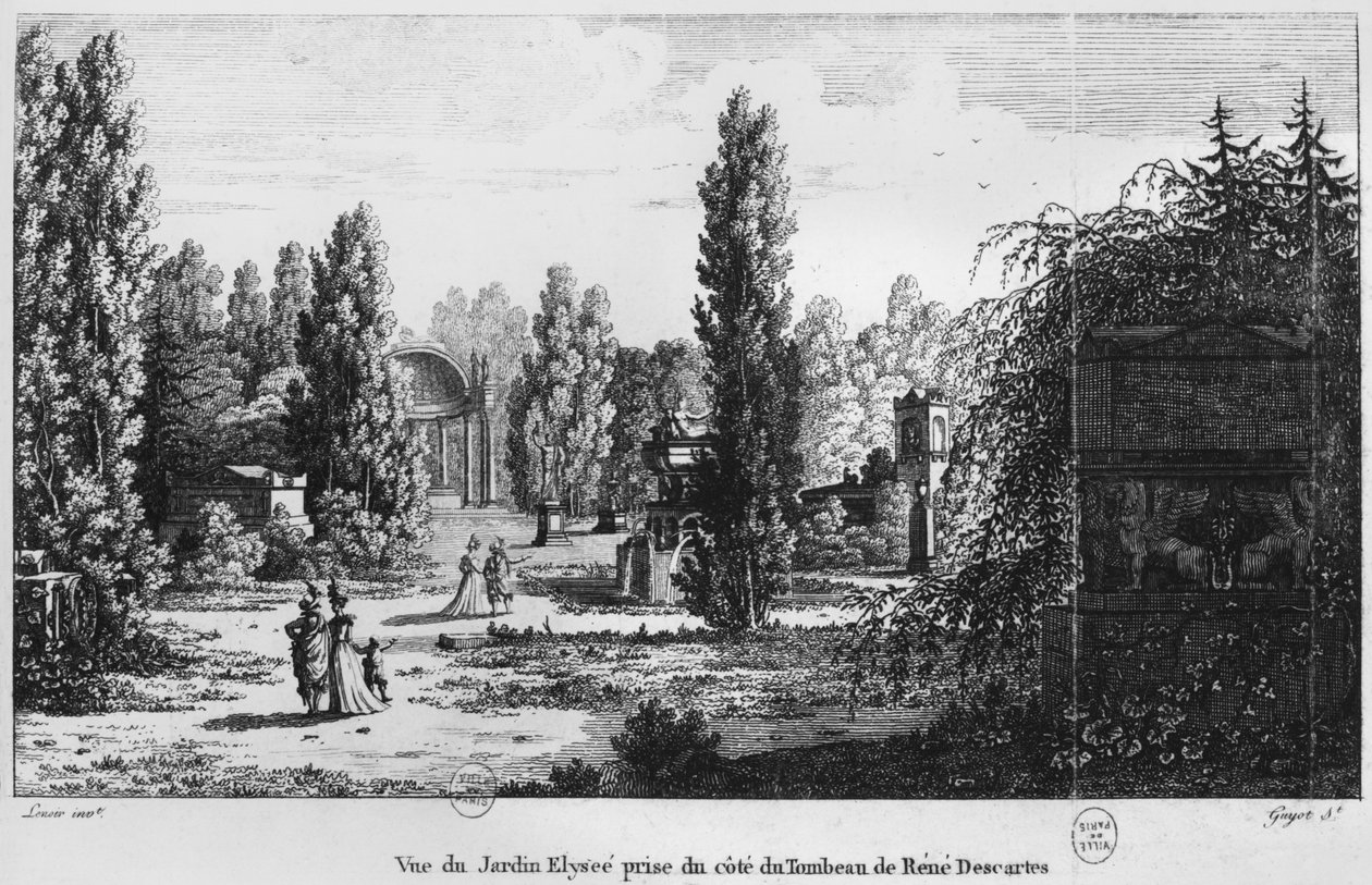 Musée des monuments Français, Paris, vista do Jardin Elysee do túmulo de René Descartes, gravada por Laurent Guyot (1756-1806) de Alexandre Marie Lenoir