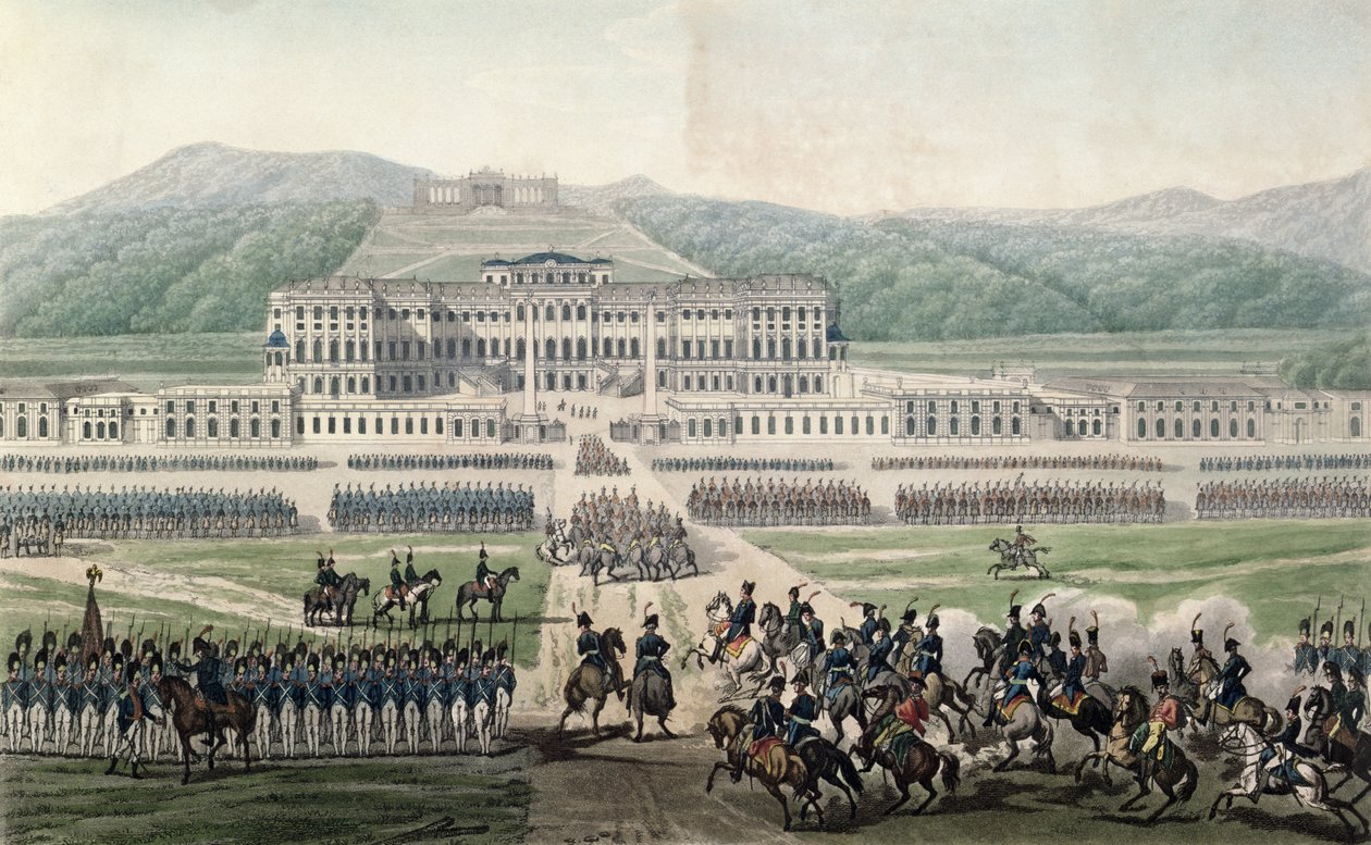 A chegada de Napoleão Bonaparte (1769-1821) em Schloss Schonbrunn, gravado por Aubertin, c.1820 de Alexandre de la Borde