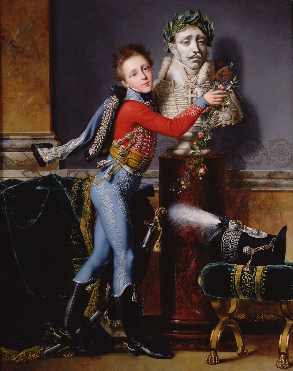 Retrato, de, Edouard, cesar, de, Laborde, bedecking, seu, pais, busto, com, flores, 1817, óleo, ligado, tela de Alexandre Jean Dubois Drahonet