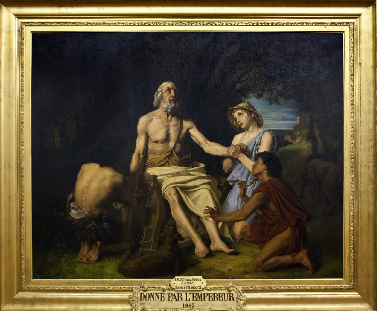 Representação de Homere, poeta grego do século IX AC na ilha de Scyros Pintura de Jean-Baptiste Auguste Leloir (1809-1892) (Jean Baptiste) 1865 Homero na ilha de Scyros, pintura de Alexandre Louis Leloir de Alexandre Louis Leloir