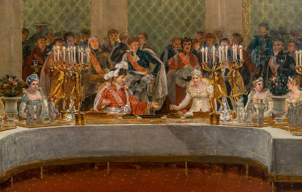 O Banquete do Casamento de Napoleão Bonaparte (1769-1821) e Marie-Louise de Habsburg-Lorraine (1791-1847) 1810 - Detalhe de: Festa do casamento de Napoleão I e Marie-Louise dá no teatro do Palais des Tuileries, 2 de abril de Alexandre Dufay