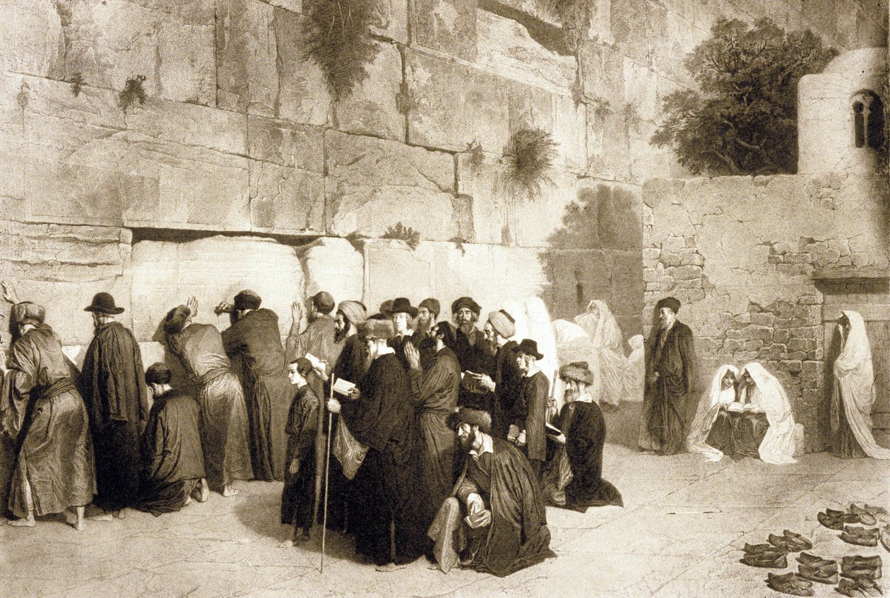 Povo judeu no Muro Ocidental, Jerusalém, c.1880 (gravura) de Alexandre (after) Bida
