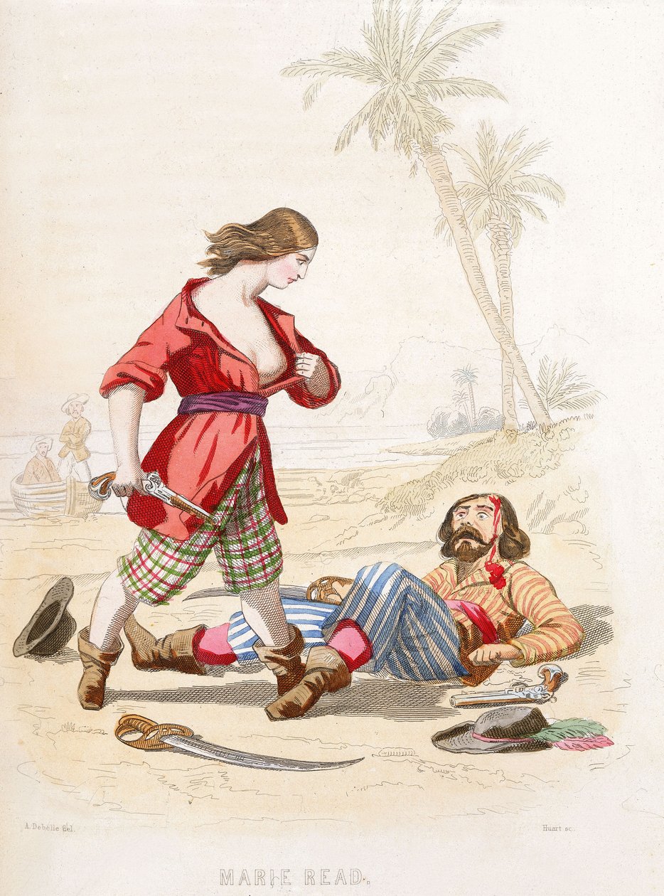 Mary Read revela-se a um inimigo vencido, meados do século XIX (gravura a cores) de Alexandre (after) Debelle