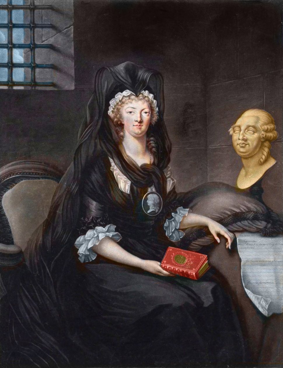 Retrato de Maria Antonieta (1755-1793) em profundo luto na prisão do Templo (ou "Maria Antonieta no Concierge, em luto, com um camafeu, pendente retratando o Delfim, segurando uma vida de Maria, Rainha dos Escoceses, um busto de Luís XVI e o Te de Alexandre (after) Kucharski