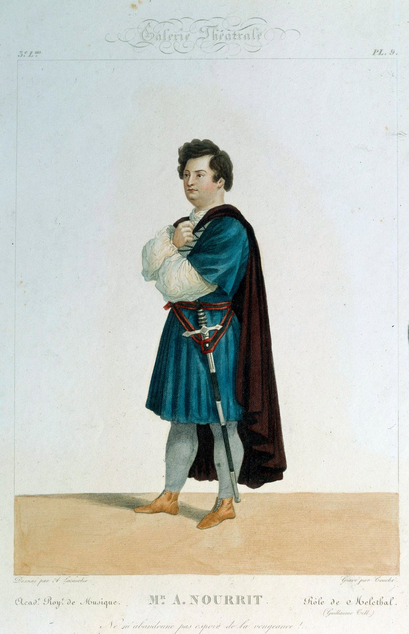 O tenor francês Adolphe Nourrit (1802-1839) no papel de Melechtal na ópera "Guillaume Tell" (William Tell) de Gioacchino Rossini (1792-1868). Ilustração de Alexandre Lacauchie (século XIX) Paris. Biblioteca do Museu da Ópera de Alexandre (after) Lacauchie