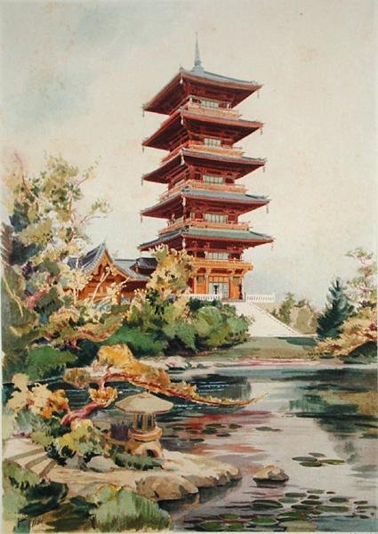 Torre japonesa no Royal Park em Laeken, Bélgica, de Orientalisme et Architecture Contemporaine, gravada por Jules Adolphe Chauvet (n.1828) (ver também 171915, 172965, 172990) de Alexandre Auguste Louis Marcel