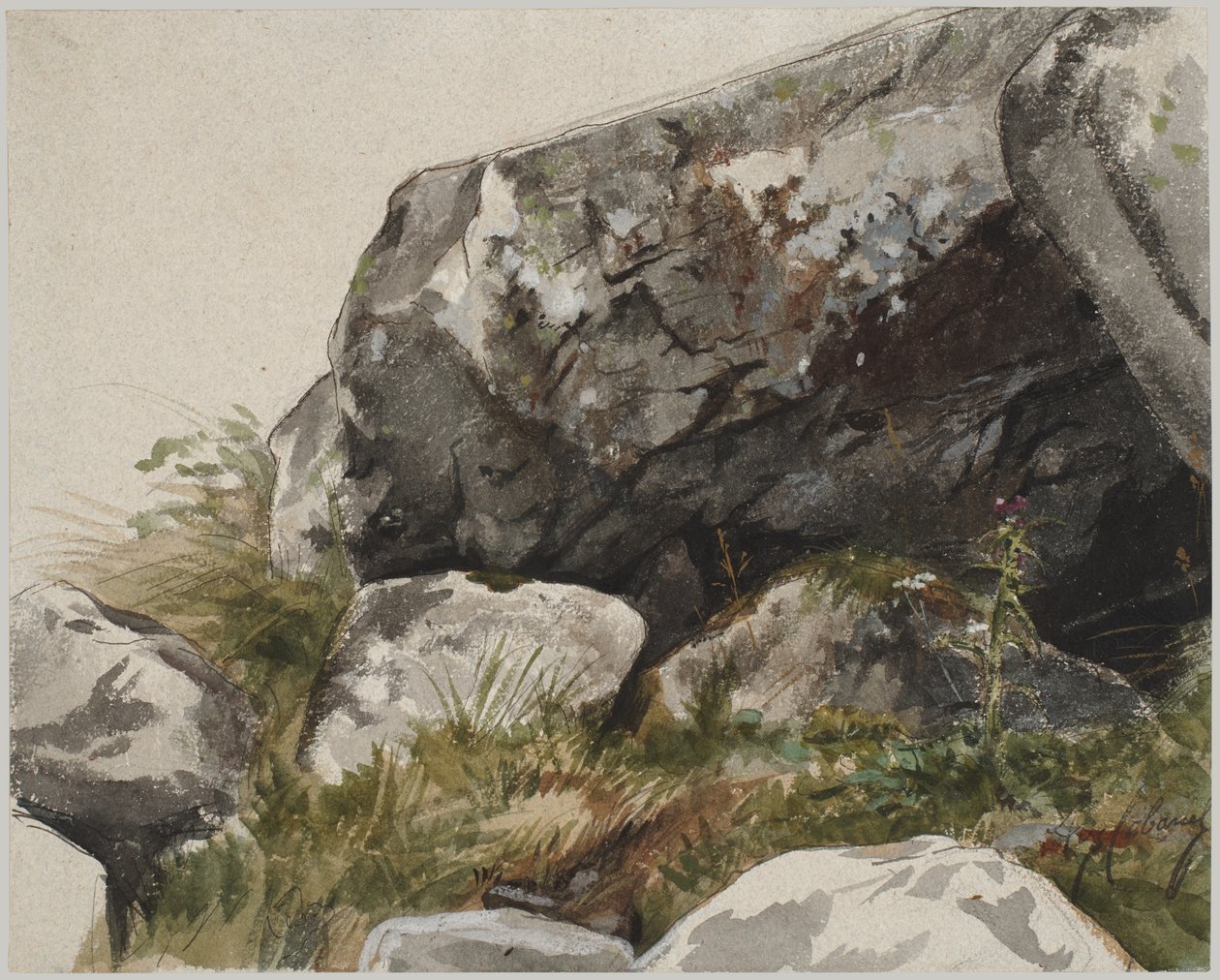 Paisagem rochosa (aguarela com tinta e carvão) de Alexandre Cabanel