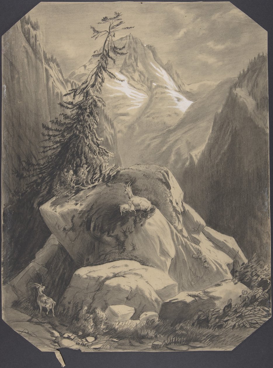 Três cabras numa paisagem montanhosa de Alexandre Calame