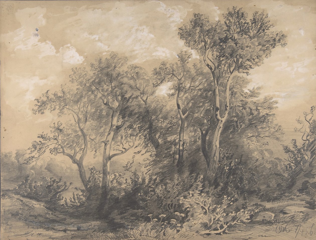 Árvores à direita, versos Soldados em Madeira, início a meados do século XIX. de Alexandre Calame