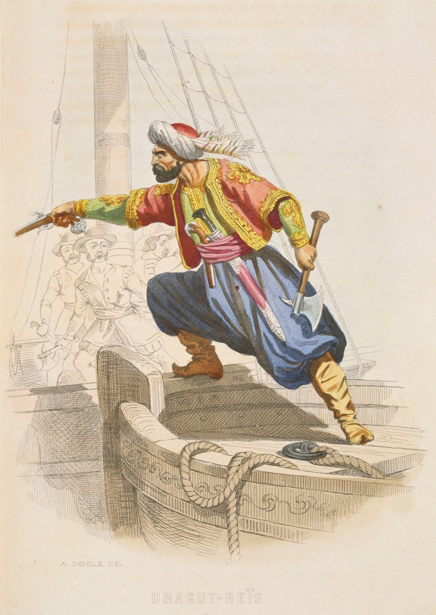 Dragut Reis, o famoso corsário da Barbária, prepara-se para abordar um navio inimigo em busca de saque, meados do século XIX (gravura a cores) de Alexandre Debelle