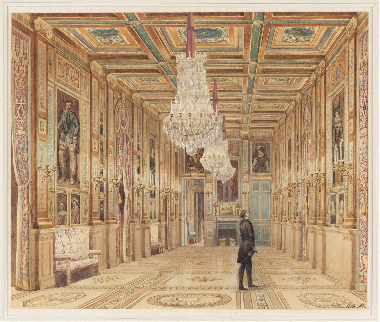 Vista da galeria de fotos no Château d&39;Eu (Vue de la Galerie au Château d&39;Eu) de Alexandre Dominique Denuelle