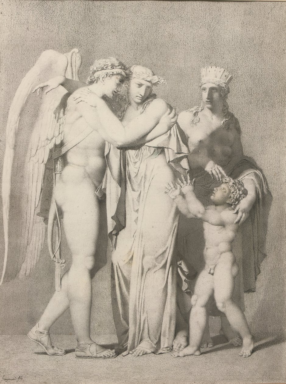 Cupido e Psique (lápis e tinta cinza sobre papel) de Alexandre Evariste Fragonard