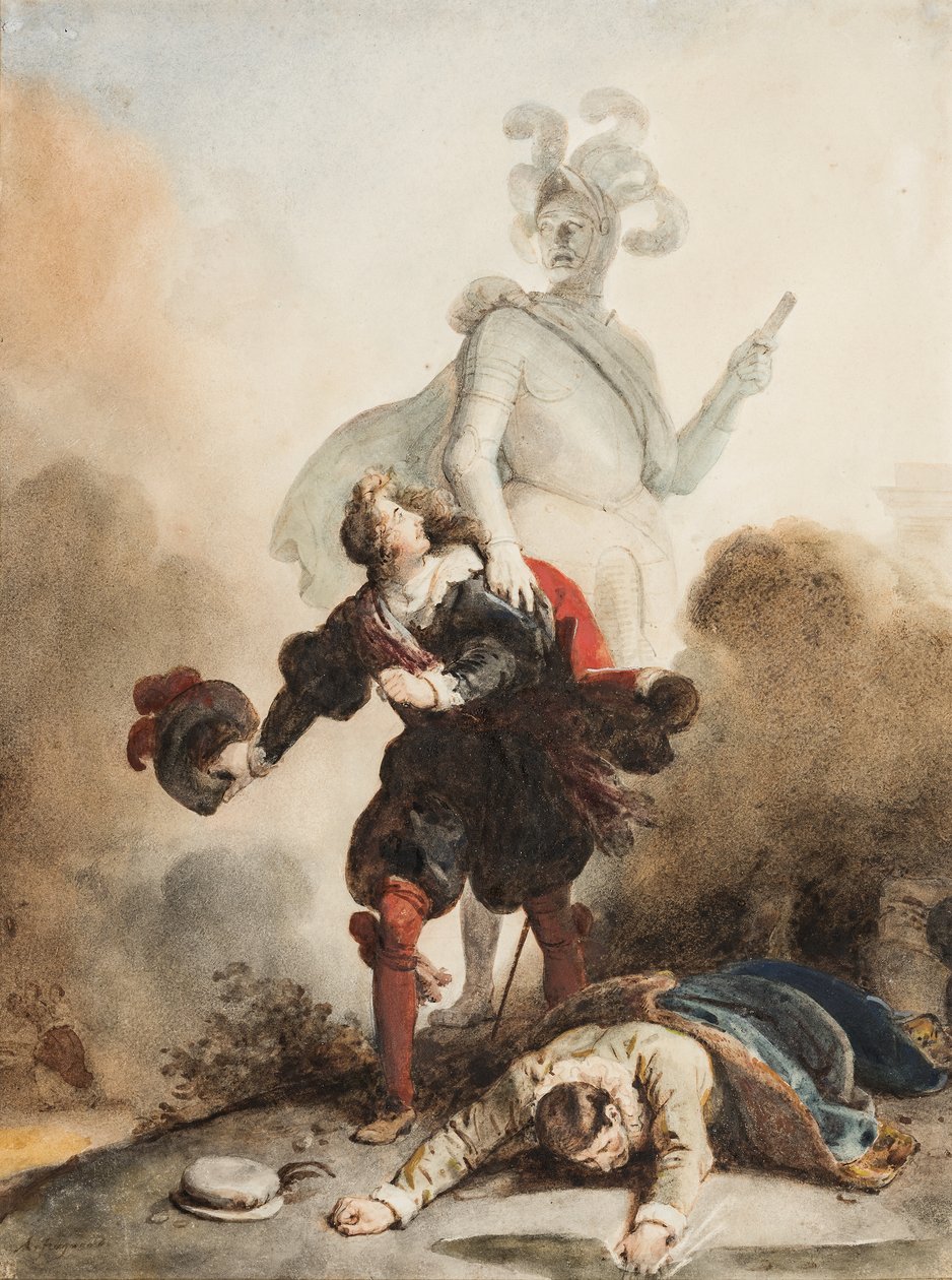 Don Juan et Leporello rencontrent la estátua du Commandeur au cimetière (grafite, caneta e tinta marrom com aquarela sobre papel, realçada com goma arábica) de Alexandre Evariste Fragonard