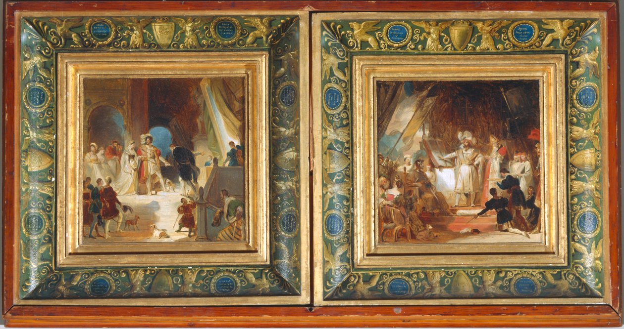 Francisco I e a sua corte recebem obras de Itália por Primaticcio - Francisco I armado cavaleiro por Bayard ... de Alexandre Evariste Fragonard