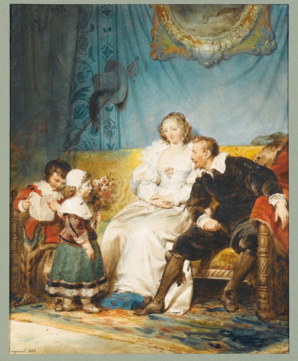 Rubens e Hélène Fourment sentados com Frans segurando uma carta e Isabelle Hélène dando-lhes um buquê de rosas de Alexandre Evariste Fragonard