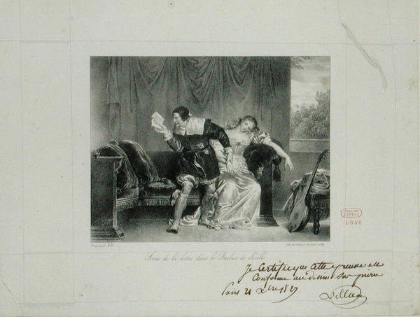 A Carta Cena da ópera O Barbeiro de Sevilha de Rossini gravado por Villain de Sevres de Alexandre Evariste Fragonard