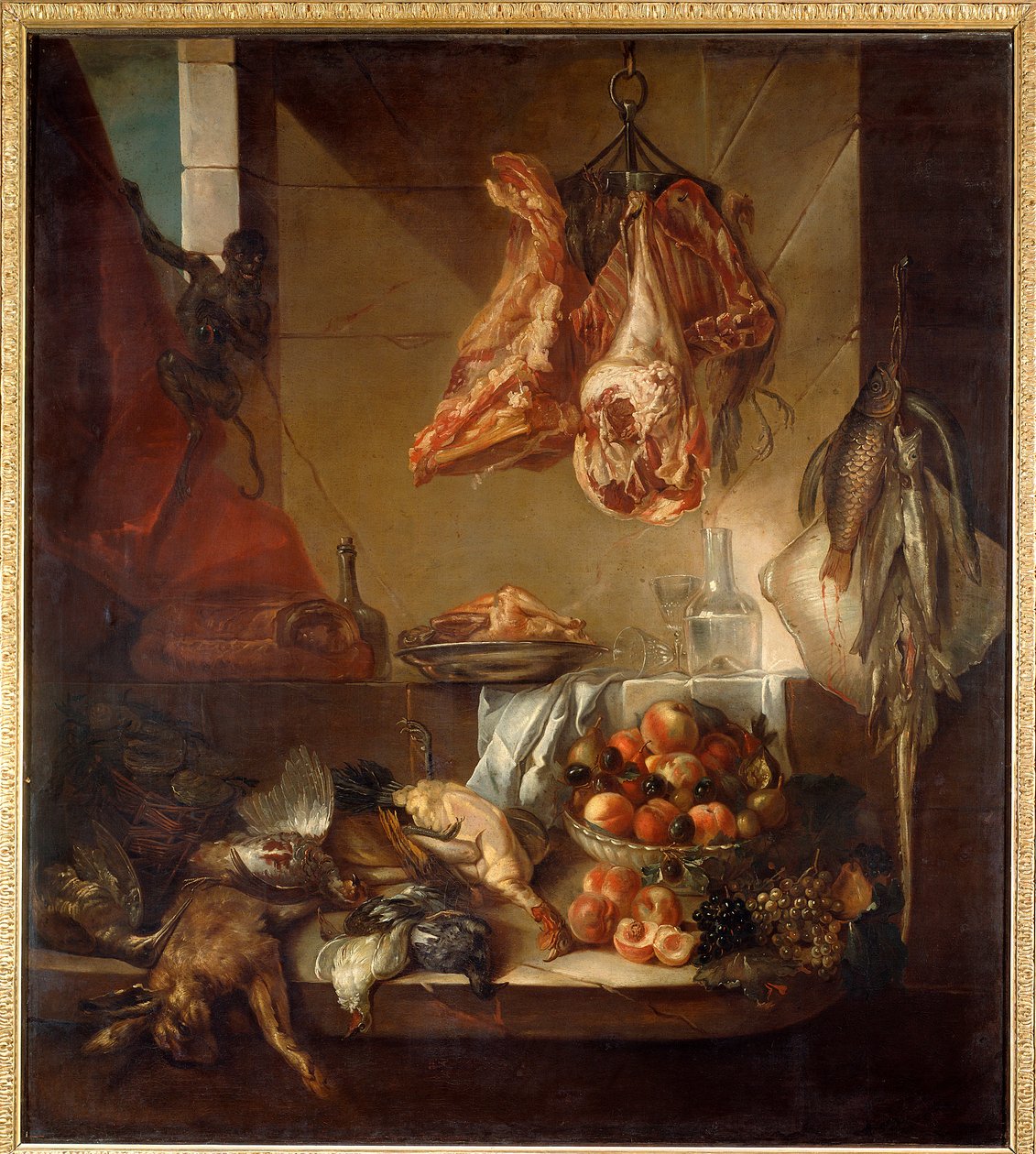 Um interior de cozinha ainda vivo de caça, fruta e carne. Pintura de François Desportes (1661-1743) Chalons sur Marne do século XVIII, Musee des Beaux Arts de Alexandre Francois Desportes
