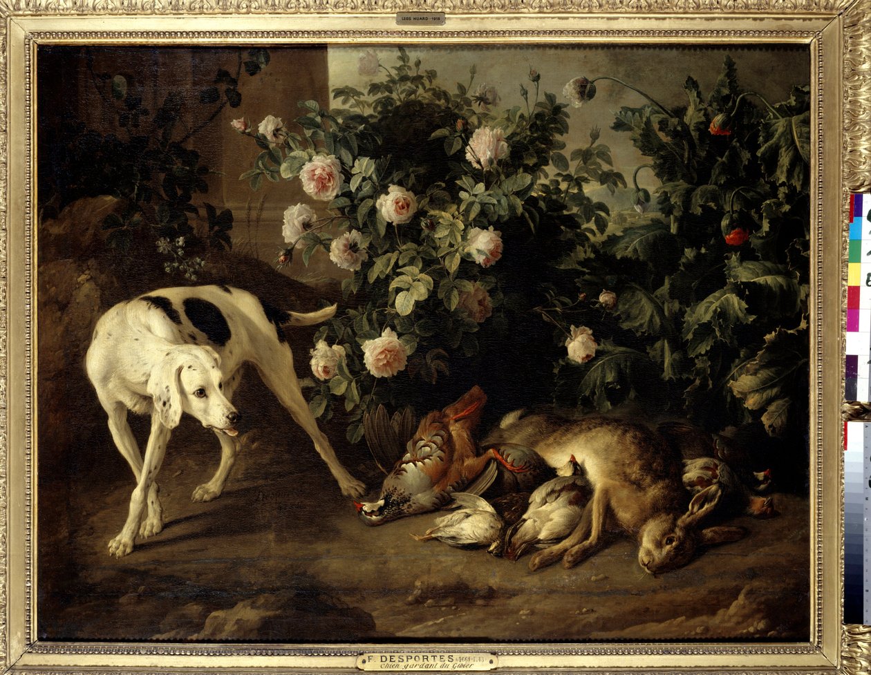 Jogo de guarda de cães perto de um arbusto de rosas Pintura por François Desportes (1661-1743) 1724 Sol. 1,07x1,38 m Paris, Musee du Louvre. de Alexandre Francois Desportes