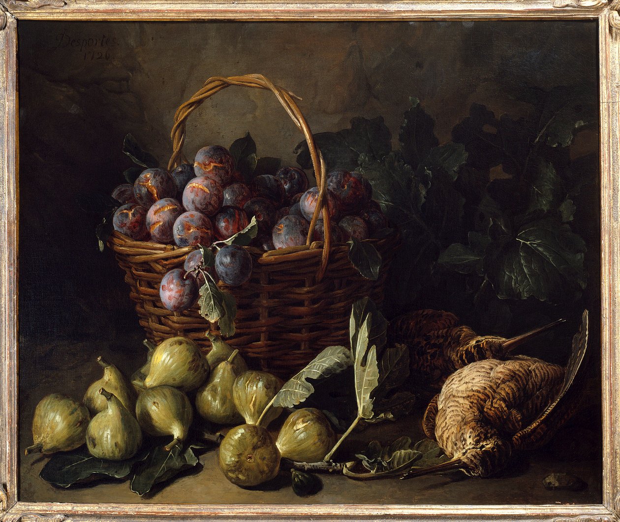 Still Life, Figs and Plums Painting by François Desportes (1661-1743) Paris do século XVIII, Artes Decorativas de Alexandre Francois Desportes