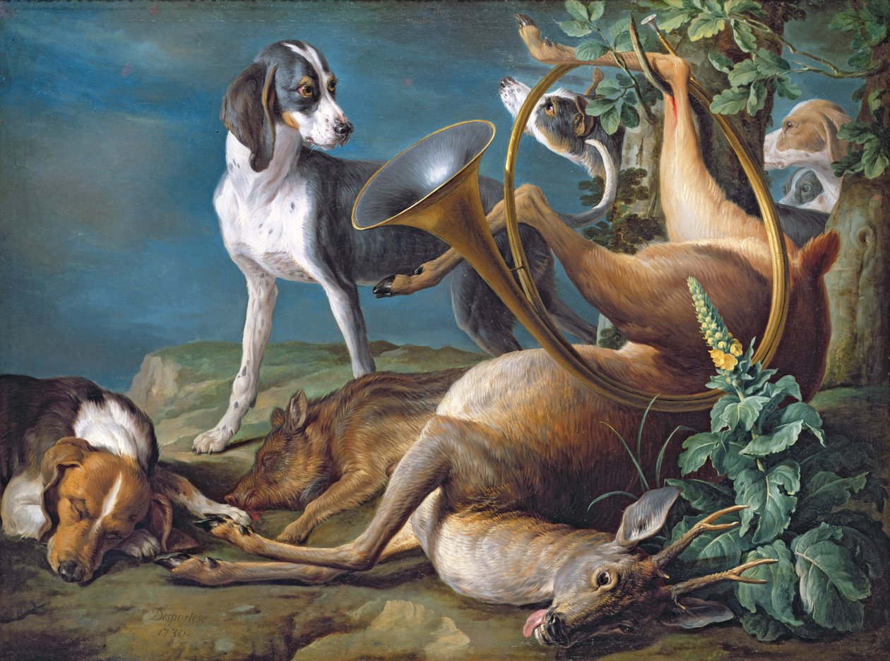 Ainda vida de jogo morto com cães, 1730 de Alexandre Francois Desportes