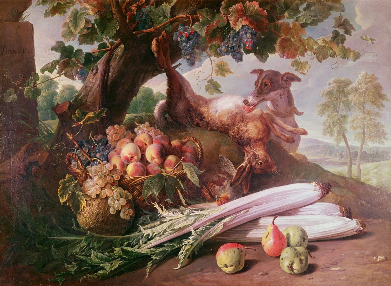 Ainda vida de flores, jogo e frutas de Alexandre Francois Desportes