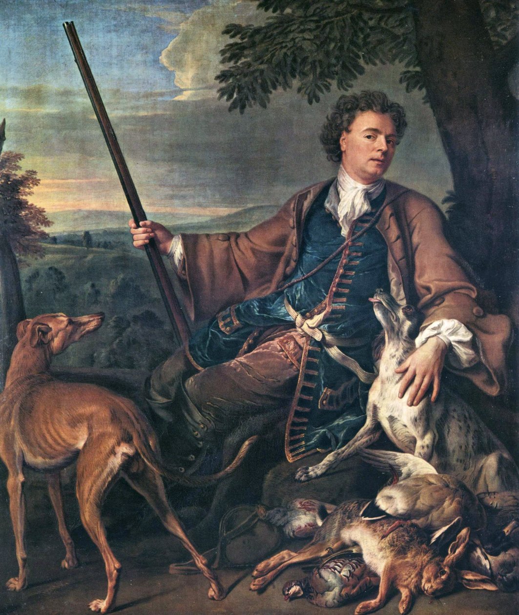 Francês: Portrait de M. Desportes peint par lui-même avec du gibier mort à ses pieds (Retrato do artista como caçador) Autorretrato em traje de caça de Alexandre Francois Desportes