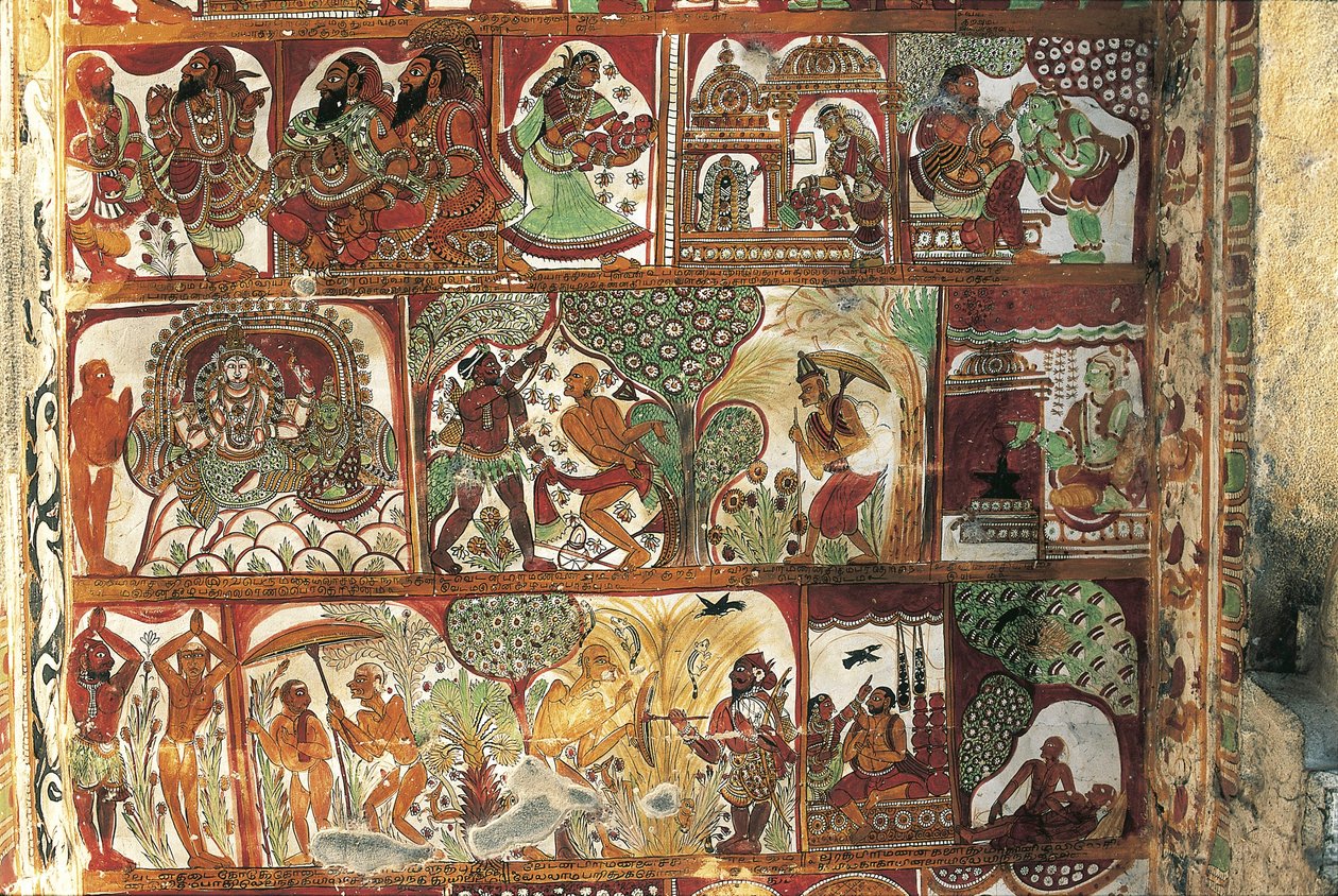 Frescos retratando a vida de Shiva em santuário para Parvati, templo Nataraya, Chidambaram, Tamil Nadu, Índia, século V de Nicolas Toussaint Charlet