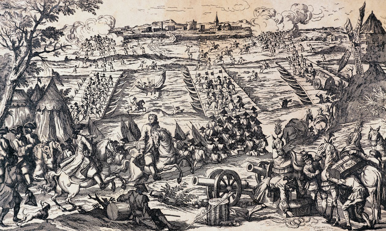 O exército de Luís XV cruzando o Reno e atacando a linha defensiva em Ettlingen, 1-4 de maio de Nicolas Toussaint Charlet