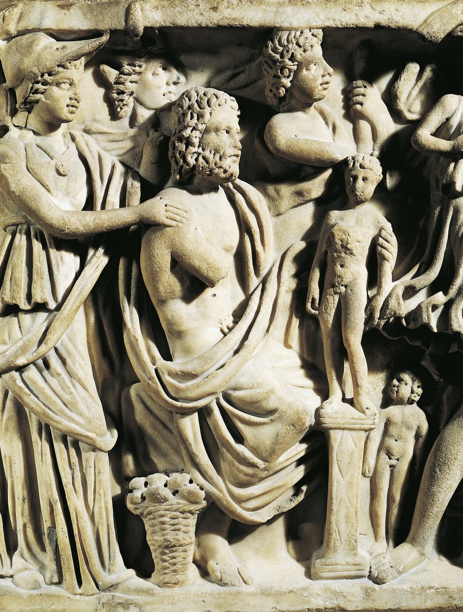 Sarcófago de mármore, Alívio retratando o mito de Prometeu, Detalhe, Athena ajudando Prometeu enquanto ele cria humanos, De Arles de Nicolas Toussaint Charlet