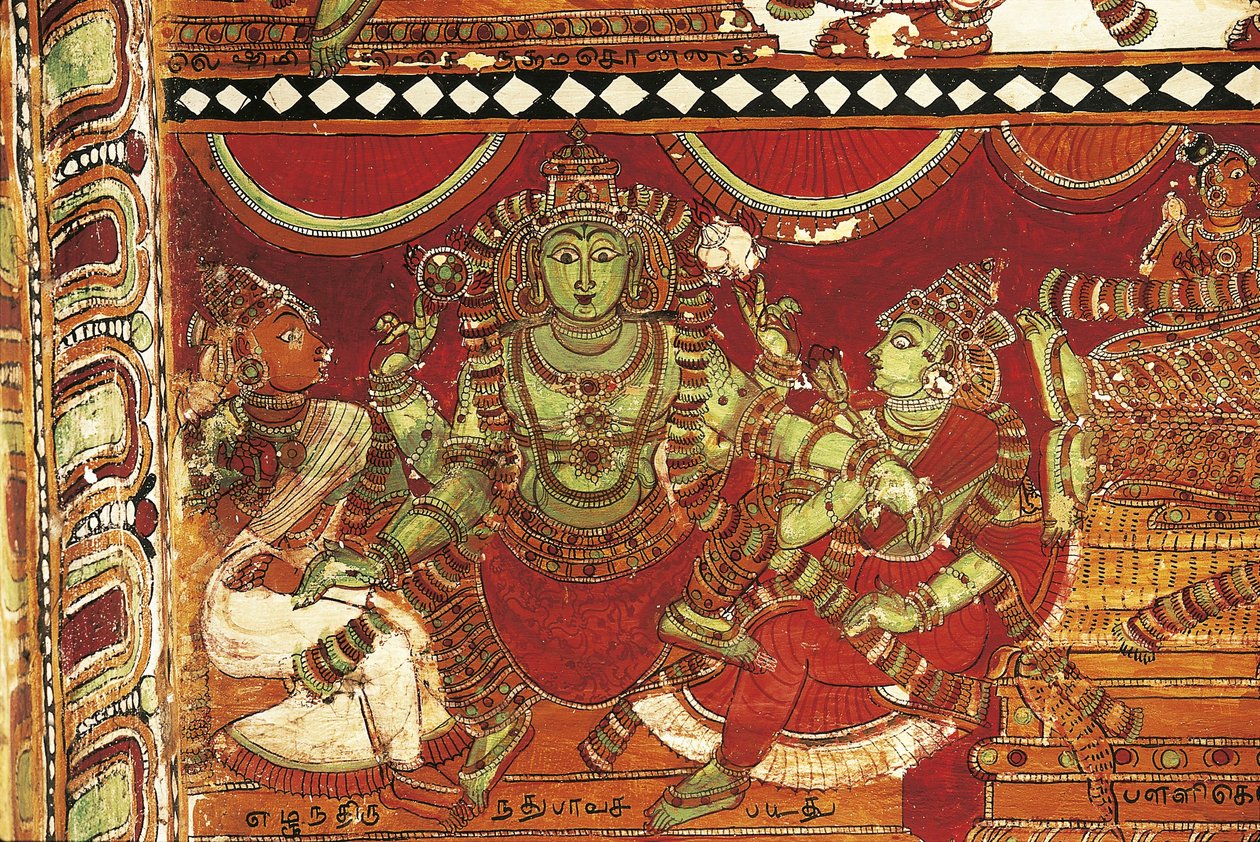 Visnu, detalhe de afrescos retratando a vida de Shiva em santuário para Parvati, templo Nataraya, Chidambaram, Tamil Nadu, Índia, século V de Nicolas Toussaint Charlet