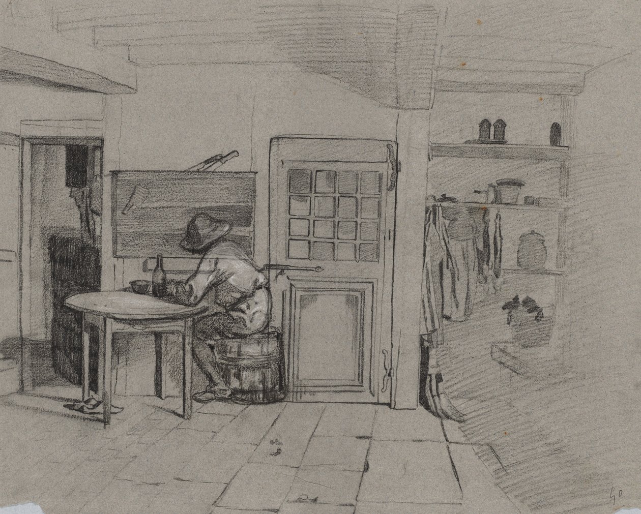 Um Interior de Fazenda com um Menino à Mesa, c. 1846 de Alexandre Gabriel Decamps