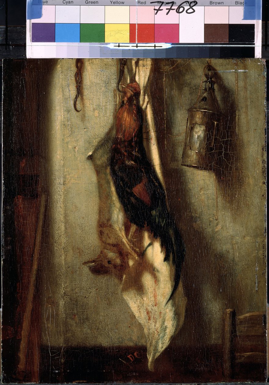 "Natureza morta de galo e cabra, pendurada num gancho e numa lanterna" Pintura de Alexandre-Gabriel Decamps (Alexandre Gabriel) (1803-1860) Século XIX Dim. 28x24 cm Museu Hermitage, São Petersburgo (São Petersburgo) de Alexandre Gabriel Decamps