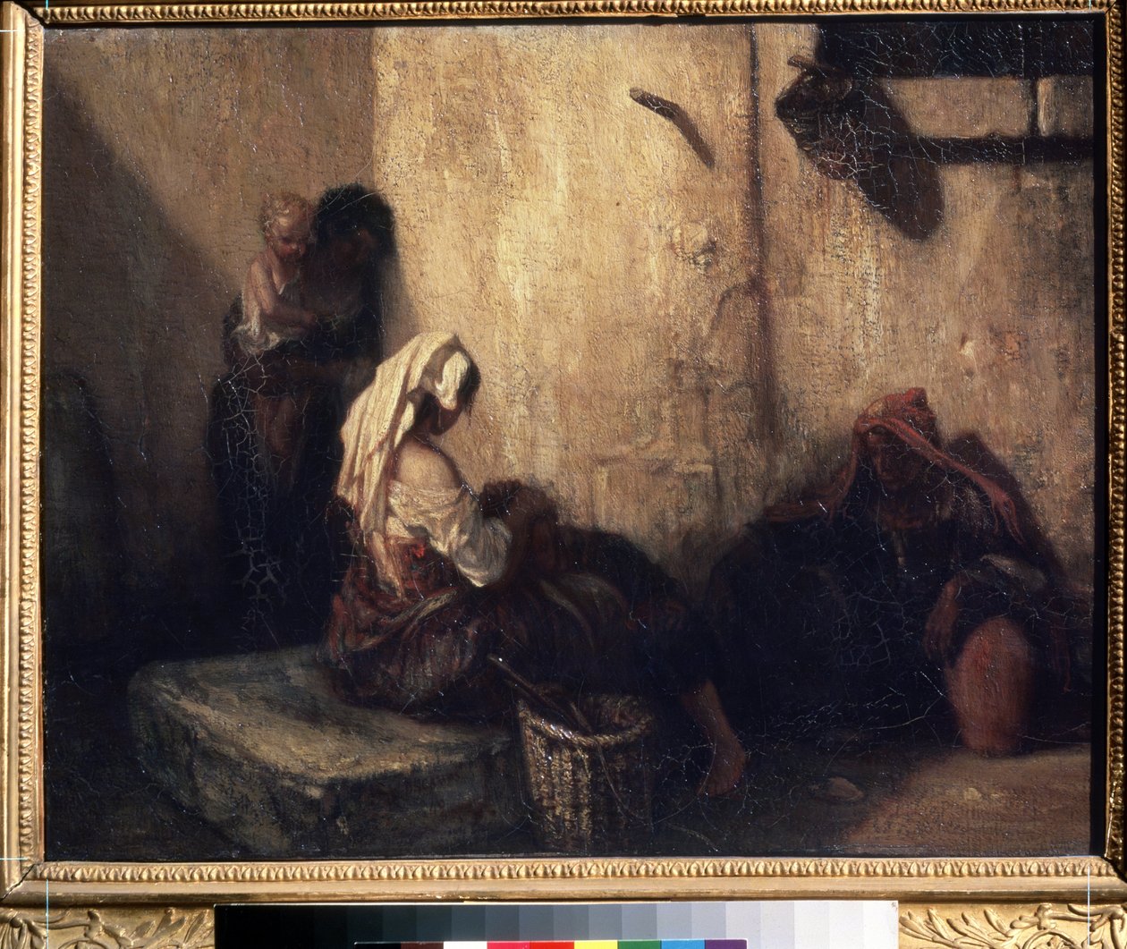 "Italian Street Scene" Sombras de três mulheres, algumas delas mães e provavelmente comerciantes de mercado, num beco escuro. No centro, uma mulher provavelmente a deliciar uma criança (delousing). Pintura de Alexandre Gabriel Decamp de Alexandre Gabriel Decamps
