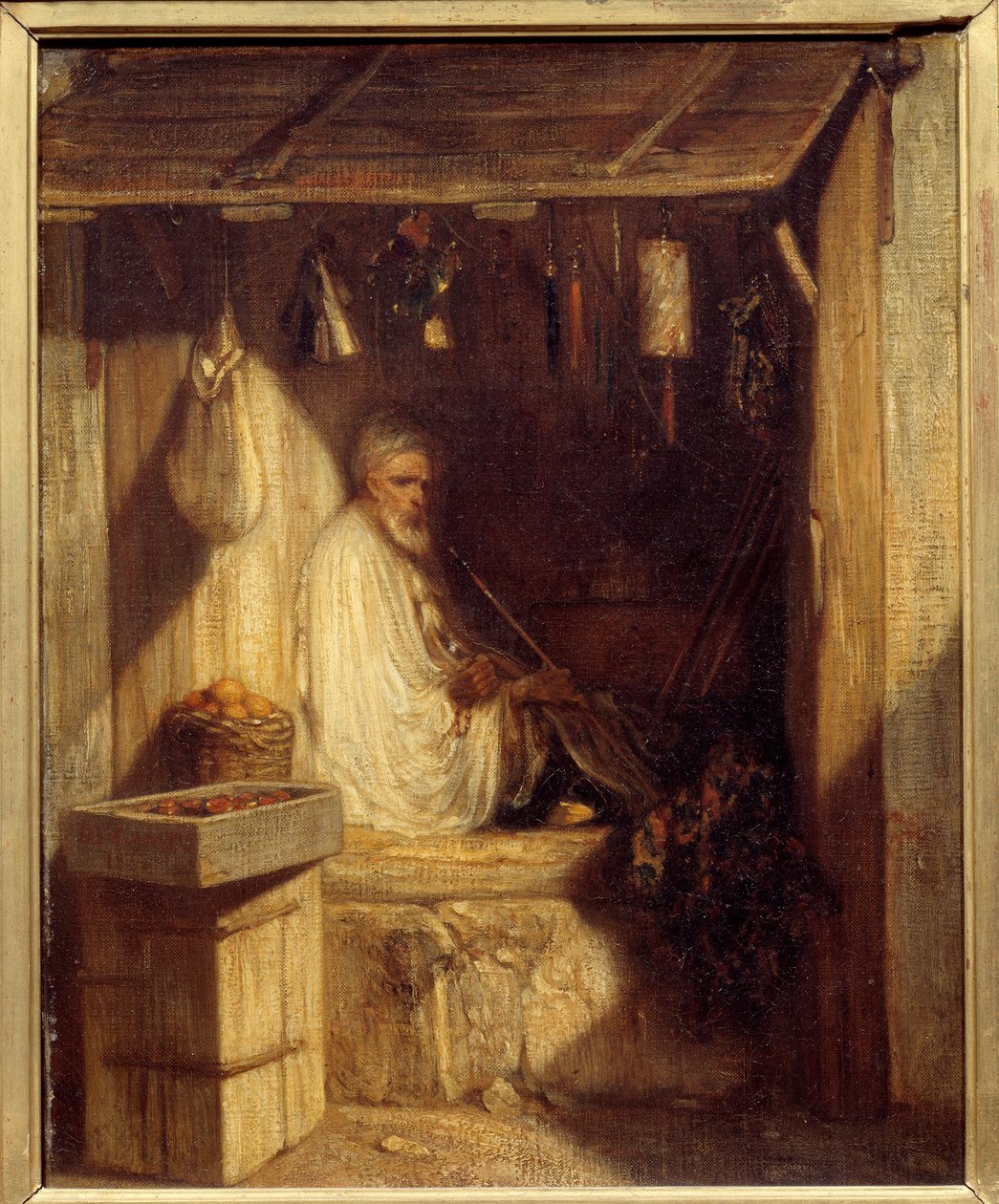 Comerciante turco fumando em sua loja Pintura por Alexandre Gabriel Decamps (1803-1860) 1844 Sol. 0,36x0,28 m Paris, musee d