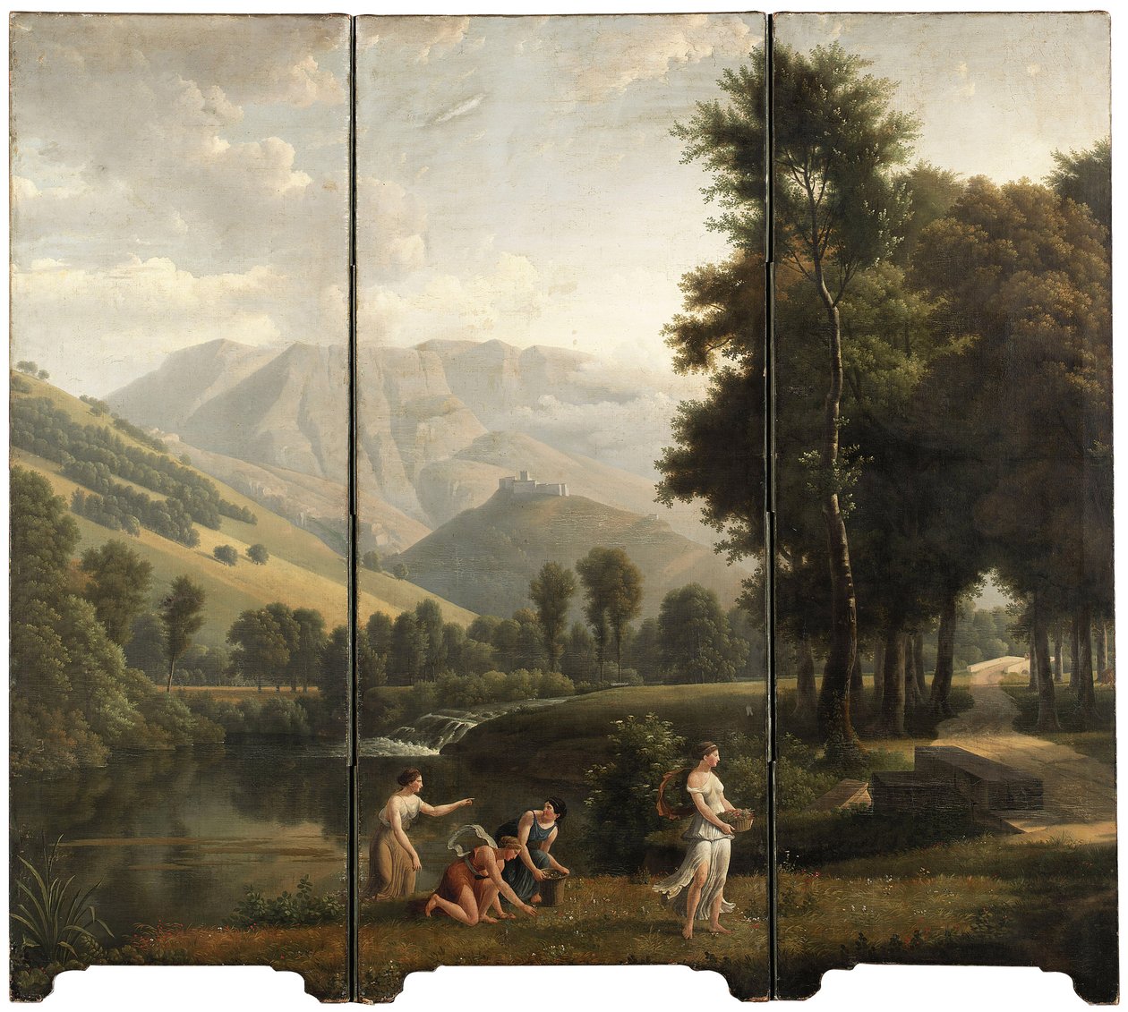 Uma paisagem da Arcada com donzelas colhendo flores em uma margem do rio, um castelo no topo de uma colina além, 1801 de Alexandre Hyacinthe Dunouy
