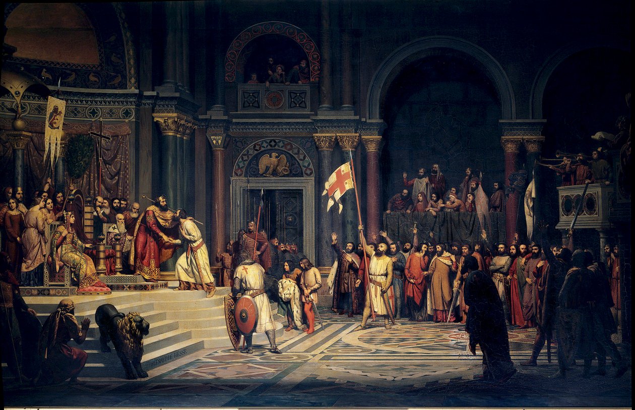 Primeira cruzada: "Godefredo (Godefroi) de Bouillon (1061-1100), Duque da Baixa Lorena, alegando o Imperador Bizantino Alexis Comnene, em Constantinopla. de Alexandre Jean Baptiste Hesse