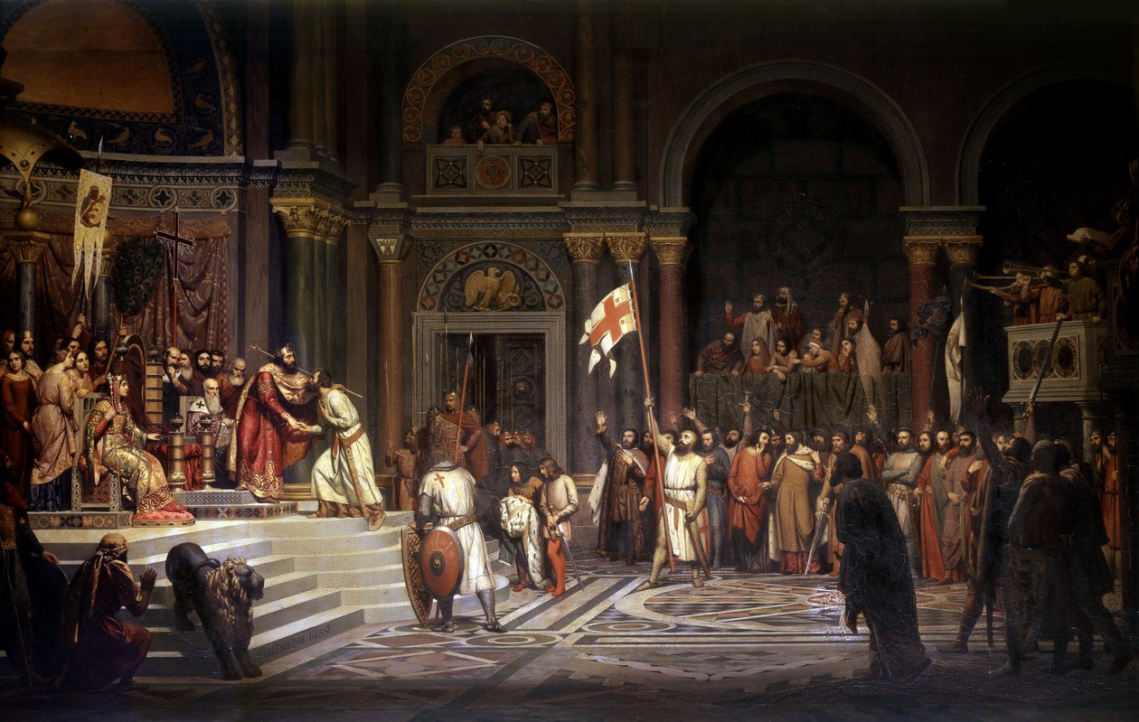 Godofredo de Bouillon recebido por Alexis Comnene, Imperador de Constantinopla, em 1097, durante a defesa da cidade contra os turcos durante a 1ª Cruzada em 1096-1099, 1842 de Alexandre Jean Baptiste Hesse