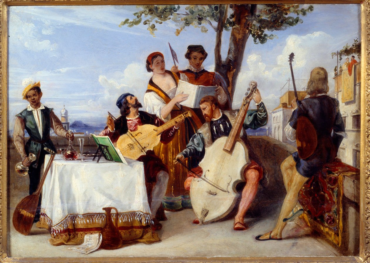 Os músicos de concerto Venicianos (violoncelo, alaúde, violino) e cantores num terraço são servidos por um criado negro. Pintura de Alexandre Hesse (1806-1879) Nantes do século XIX, Museu de Belas Artes de Alexandre Jean Baptiste Hesse