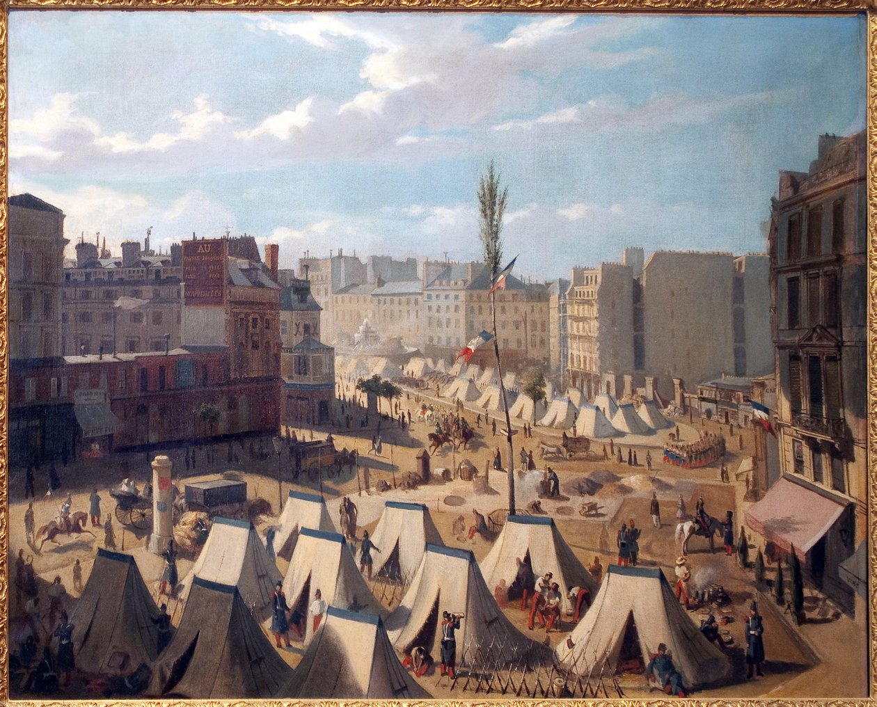 Acampamento das tropas, no Boulevard du Temple em Paris, durante os dias de junho de 1848. Pintura de Josquin (?) , óleo sobre tela, arte francesa de Alexandre Josquin