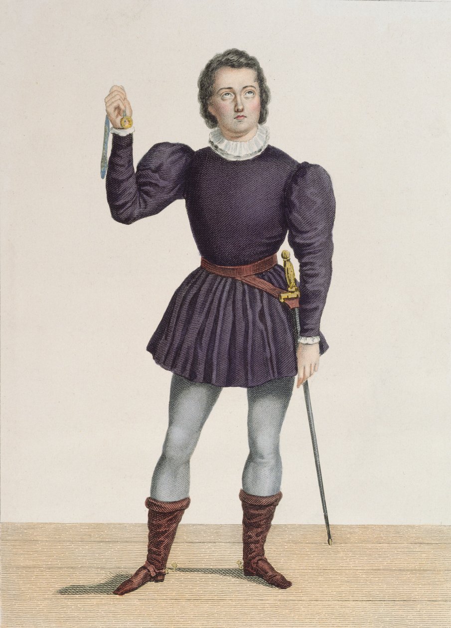 Frederick Lemaitre (1800-76) como Edgard em &39;La Fiancee de Lammermoor&39; por Walter Scott (1771-1832) no Teatro de la Porte Saint-Martin (gravura de cor) de Alexandre Lacauchie