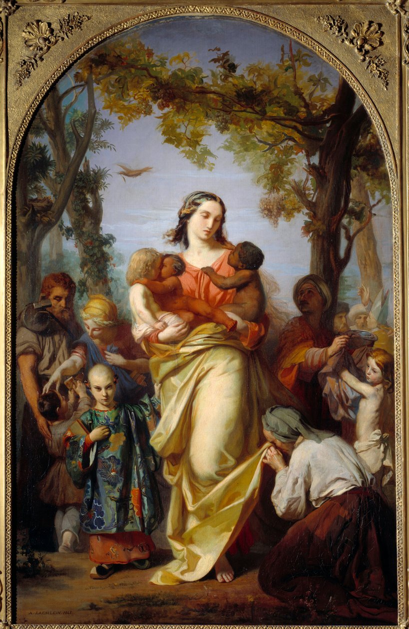 Caridade Universal. Personificação da Caridade que tem em seus braços os diferentes povos do mundo. Pintura de Alexandre Laemlein (1813-1871) de Alexandre Laemlein
