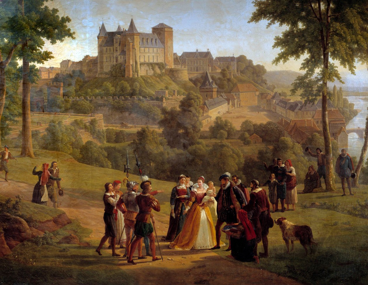 Vista do castelo de Pau onde nasceu Henrique IV, tirada do grande parque Detalhe representando um grupo de pessoas provavelmente composto por Jeanne d